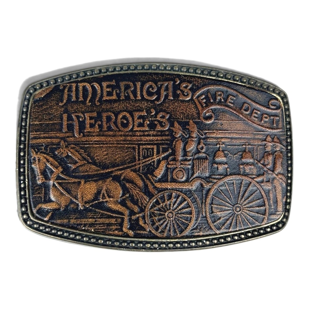 Vintage America's Heroes Fire‎ Dept Belt Buckle Horse Drawn Fire Wagon